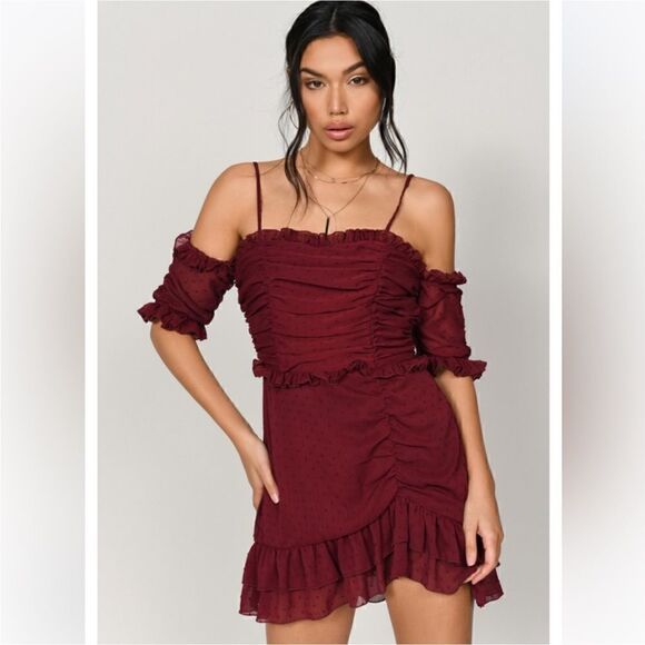 Tobi Cold Shoulder Ruffled Mini Dress In Burgundy | Size Small - Picture 1 of 7